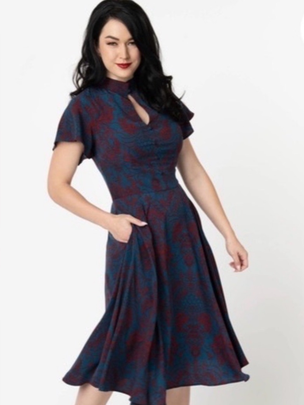 Unique Vintage Navy Dress with Red Floral Motif